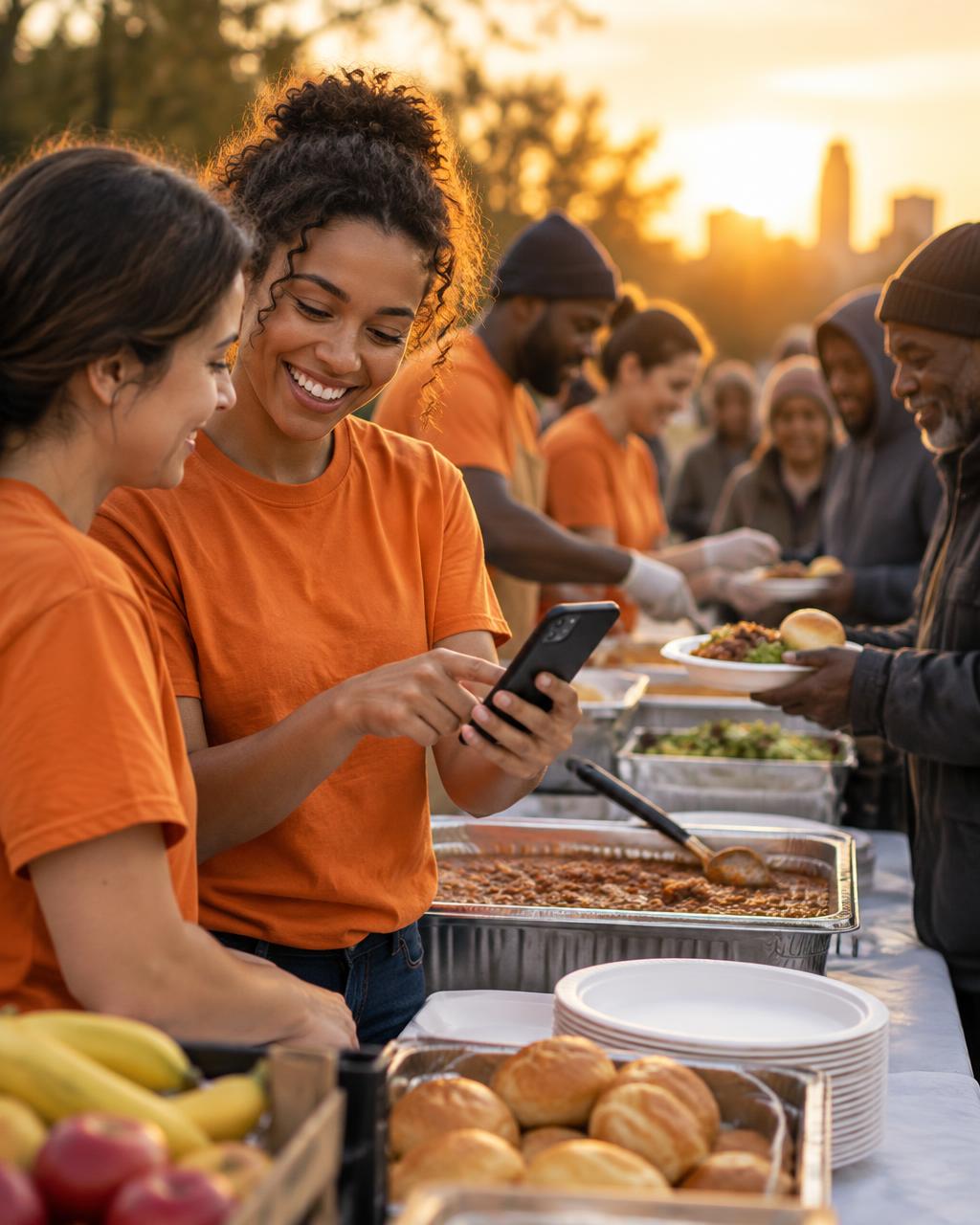 Volunteers in orange shirts serving hot meals at a community food drive