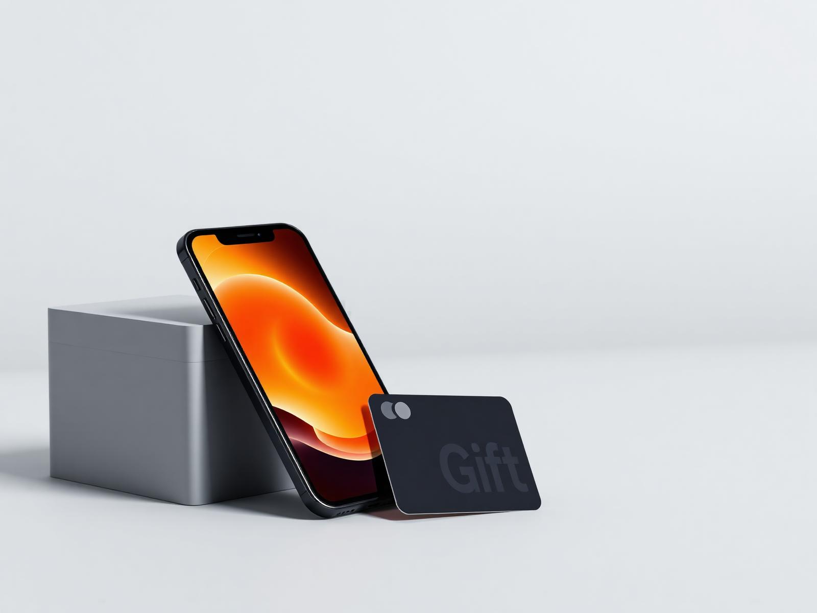 A smartphone with a glowing orange screen next to a sleek gift card