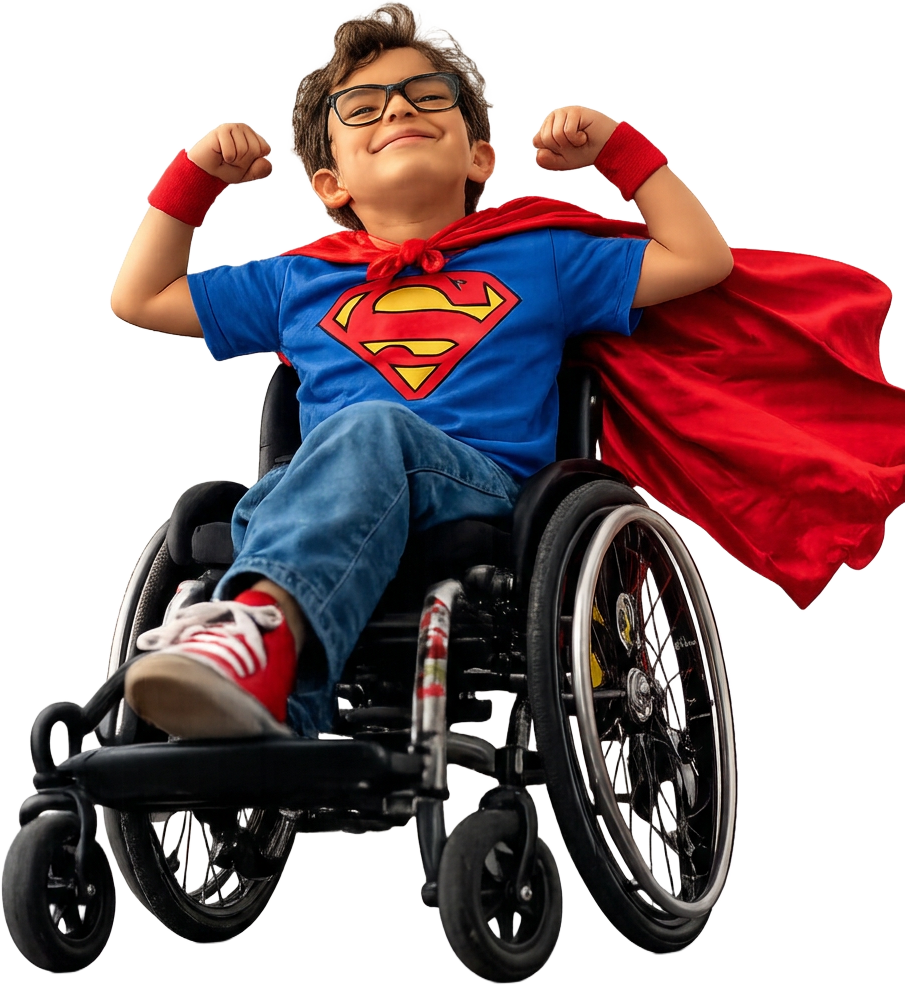 A smiling kid in a superhero cape and glasses flexing in a wheelchair