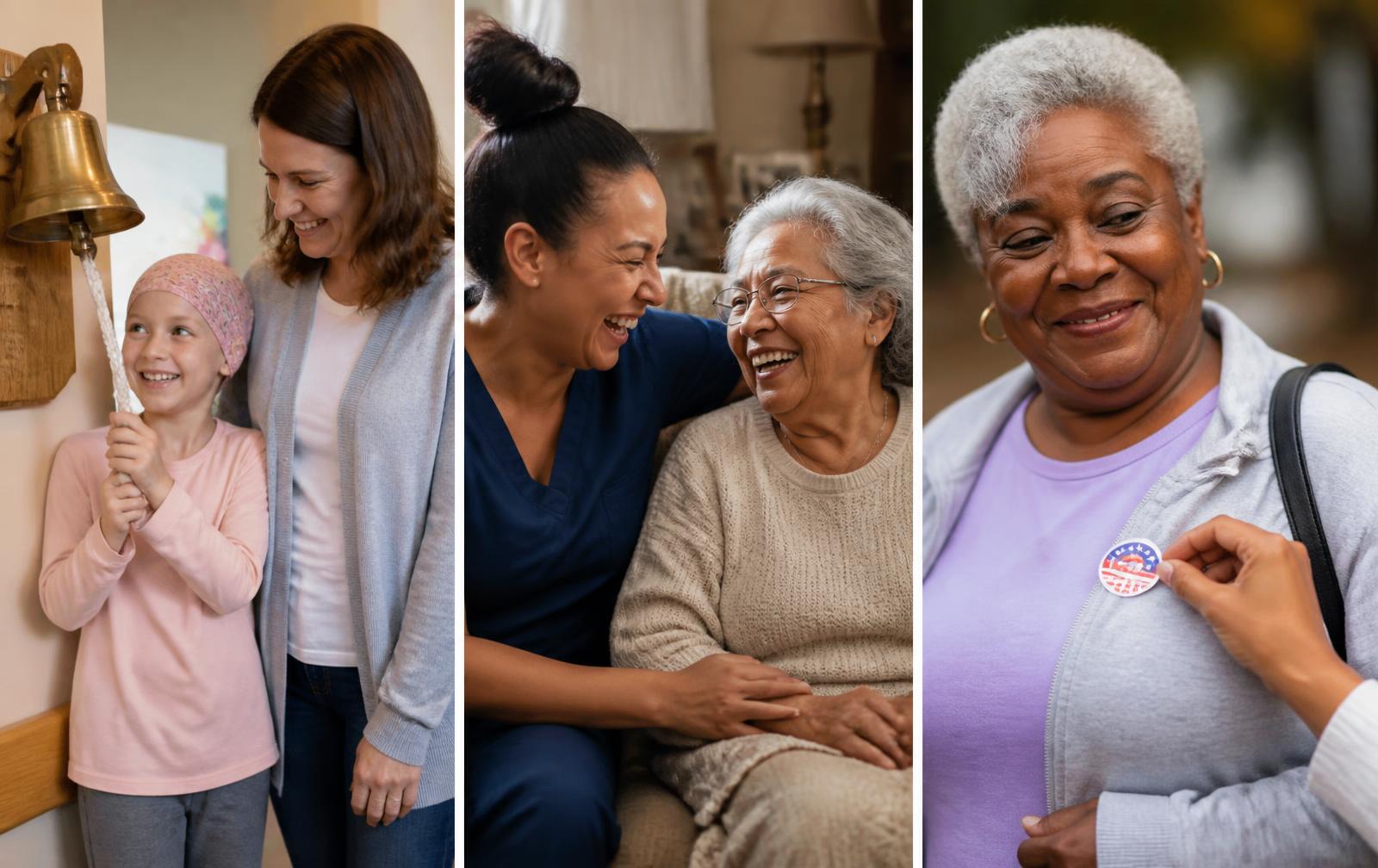 Three moments of impact: a child ringing a cancer remission bell, a caregiver laughing with an elderly woman, and a grandmother receiving an I Voted sticker