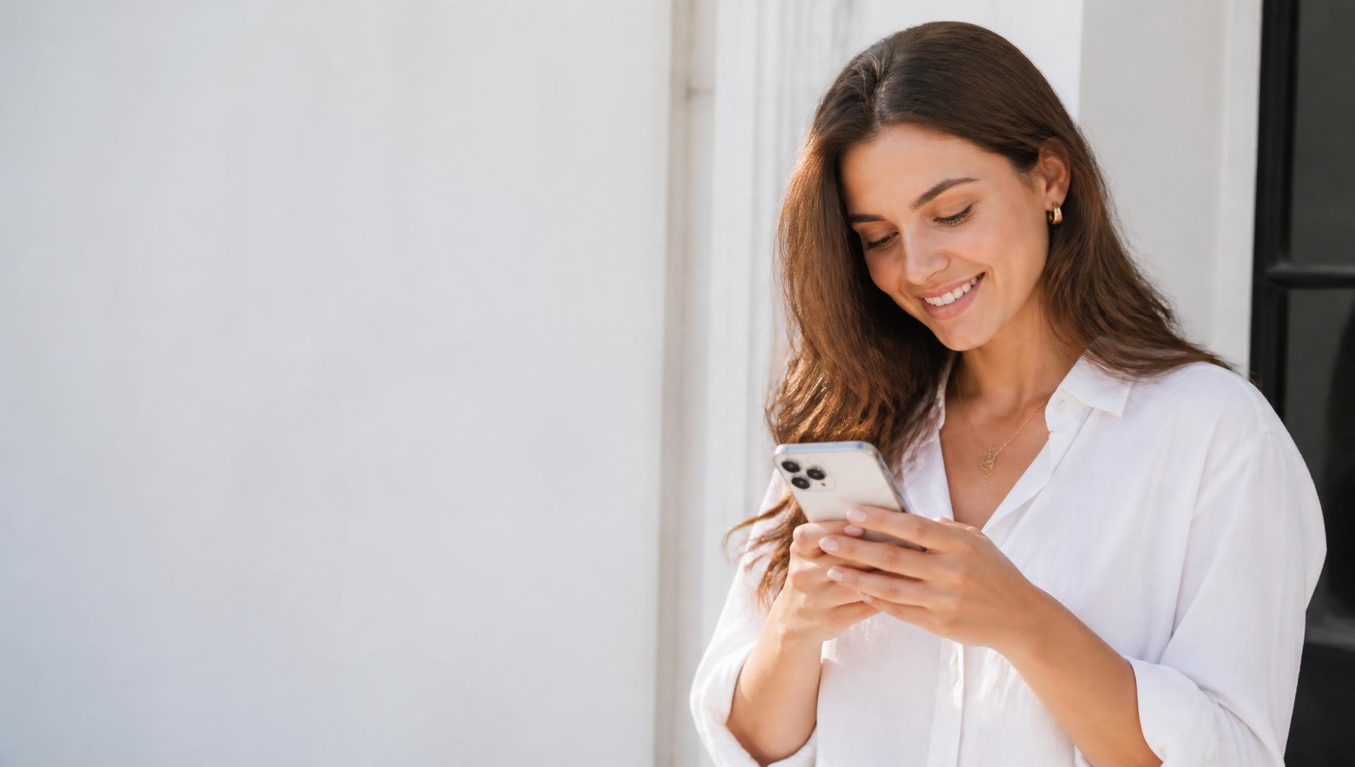 Person smiling while using a smartphone in bright daylight