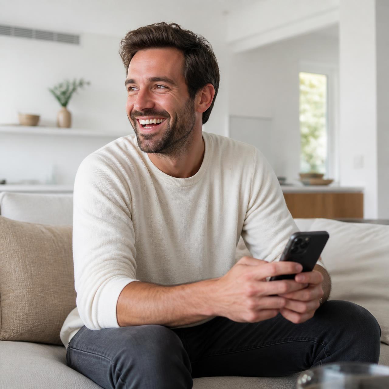 Customer smiling while holding a phone at home
